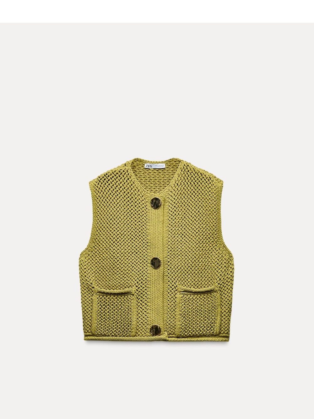 Zara Yellow-Green Cropped Knit Vest with Buttons